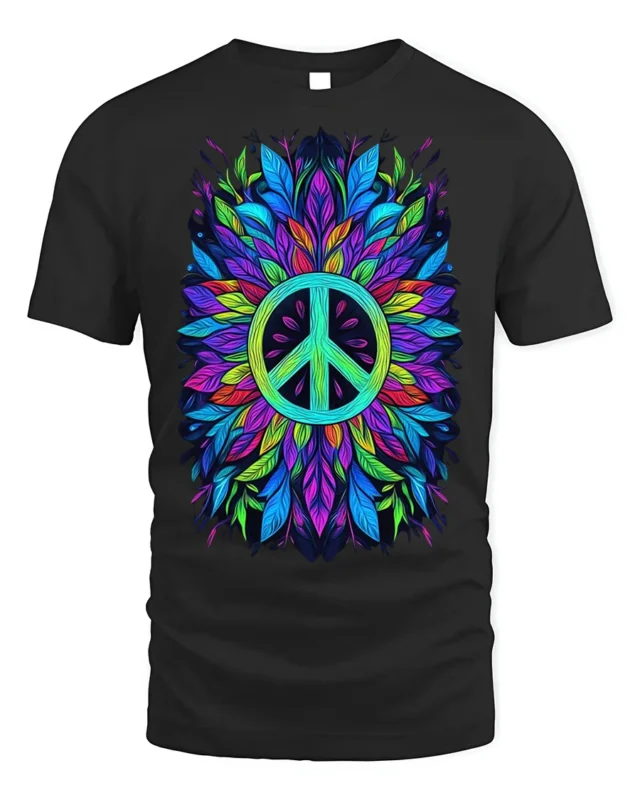Colorful Feather Peace Sign Boho Art T-Shirt - black t-shirt on white background