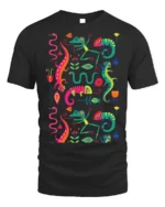 Colorful Gecko and Snake Tropical Art T-Shirt - black t-shirt on white background