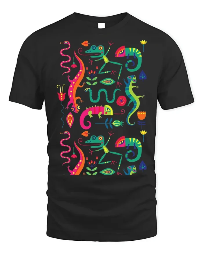 Colorful Gecko and Snake Tropical Art T-Shirt - black t-shirt on white background