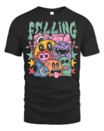 Colorful Cartoon Faces Street Art Graphic T-Shirt - black t-shirt on white background