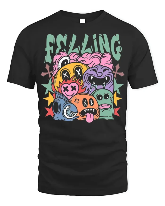 Colorful Cartoon Faces Street Art Graphic T-Shirt - black t-shirt on white background