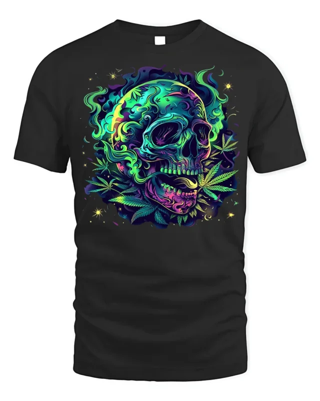 Neon Skull and Cannabis Leaves Art T-Shirt - black t-shirt on white background