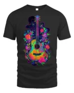 Neon Floral Acoustic Guitar Art Music T-Shirt - black t-shirt on white background