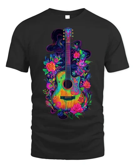 Neon Floral Acoustic Guitar Art Music T-Shirt - black t-shirt on white background
