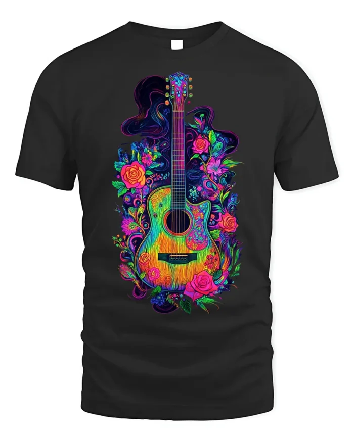Neon Floral Acoustic Guitar Art Music T-Shirt - black t-shirt on white background