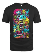 Psychedelic Skull Doodle Art Colorful T-Shirt - black t-shirt on white background