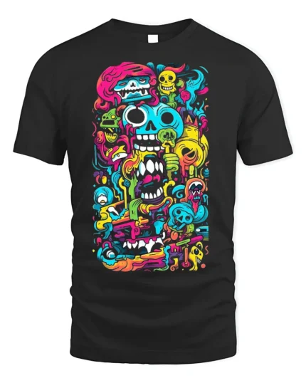 Psychedelic Skull Doodle Art Colorful T-Shirt - black t-shirt on white background