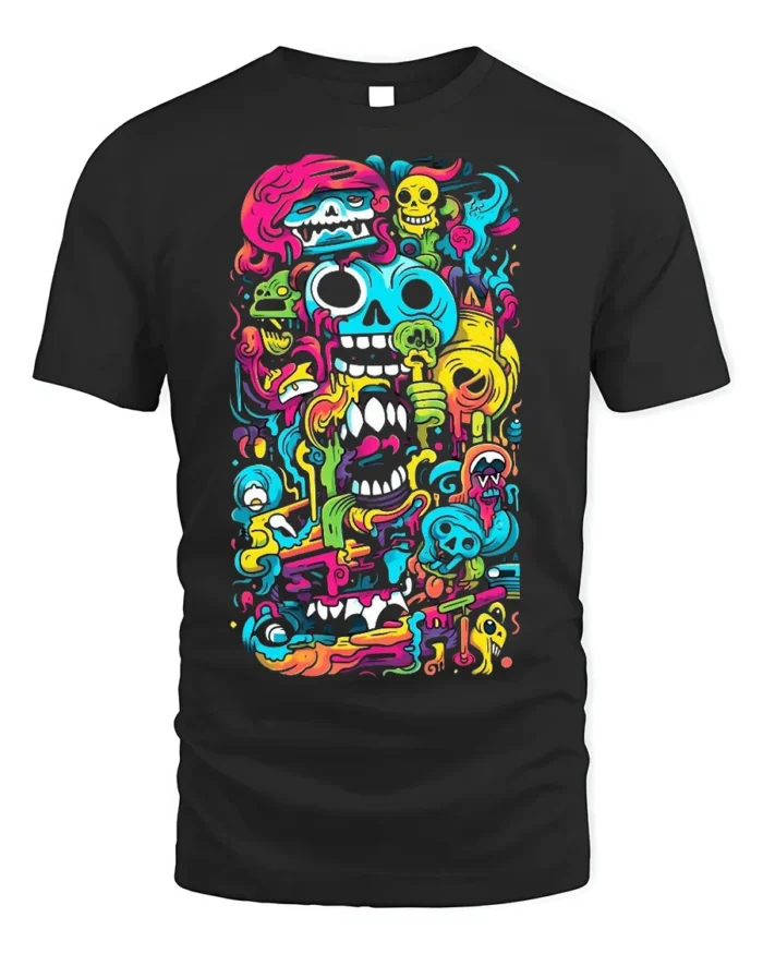 Psychedelic Skull Doodle Art Colorful T-Shirt - black t-shirt on white background