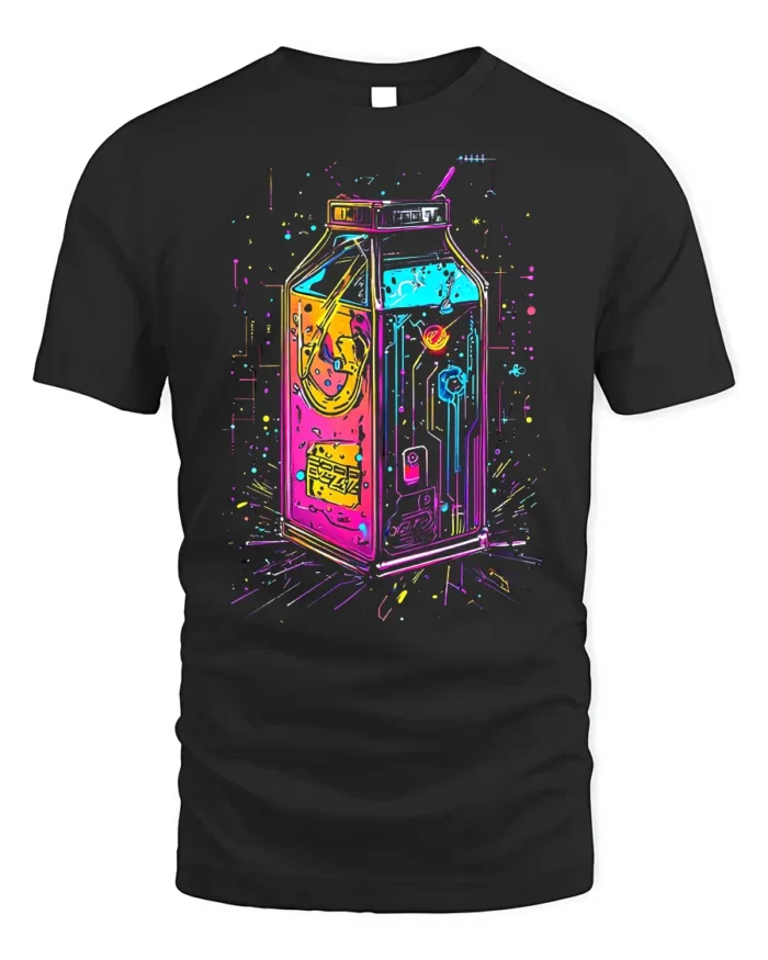 Neon Cyberpunk Milk Carton Futuristic T-Shirt - black t-shirt on white background
