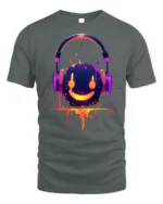 Neon Smile Headphones Music Art Black T-Shirt - gray t-shirt on white background