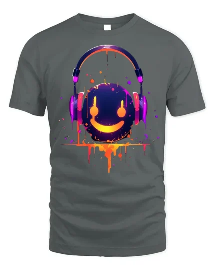 Neon Smile Headphones Music Art Black T-Shirt - gray t-shirt on white background