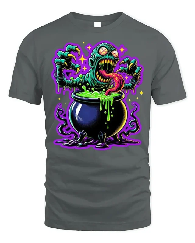 Zombie Cauldron Monster Horror Art T-Shirt - gray t-shirt on white background