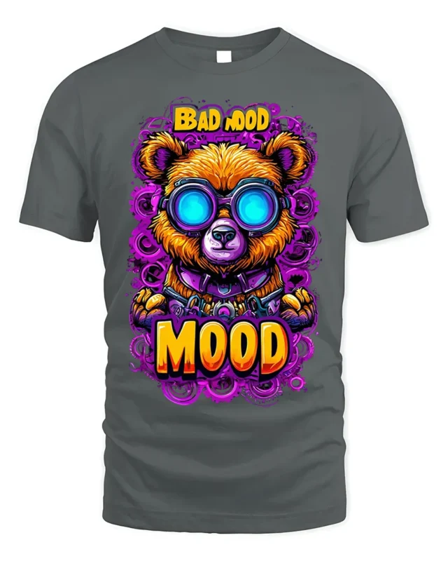 Bad Mood Bear Neon Goggles Street Art T-Shirt - gray t-shirt on white background