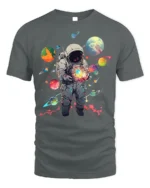 Cosmic Astronaut Holding Planets Space T-Shirt - gray t-shirt on white background