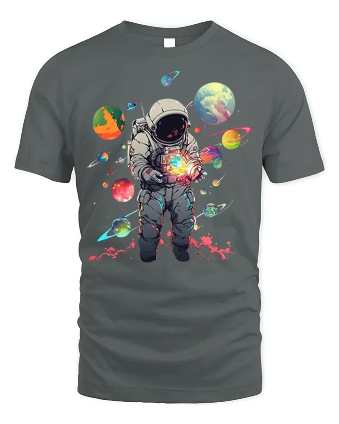 Cosmic Astronaut Holding Planets Space T-Shirt - gray t-shirt on white background