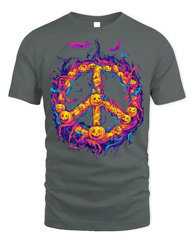 Halloween Pumpkin Peace Sign Spooky T-Shirt - gray t-shirt on white background