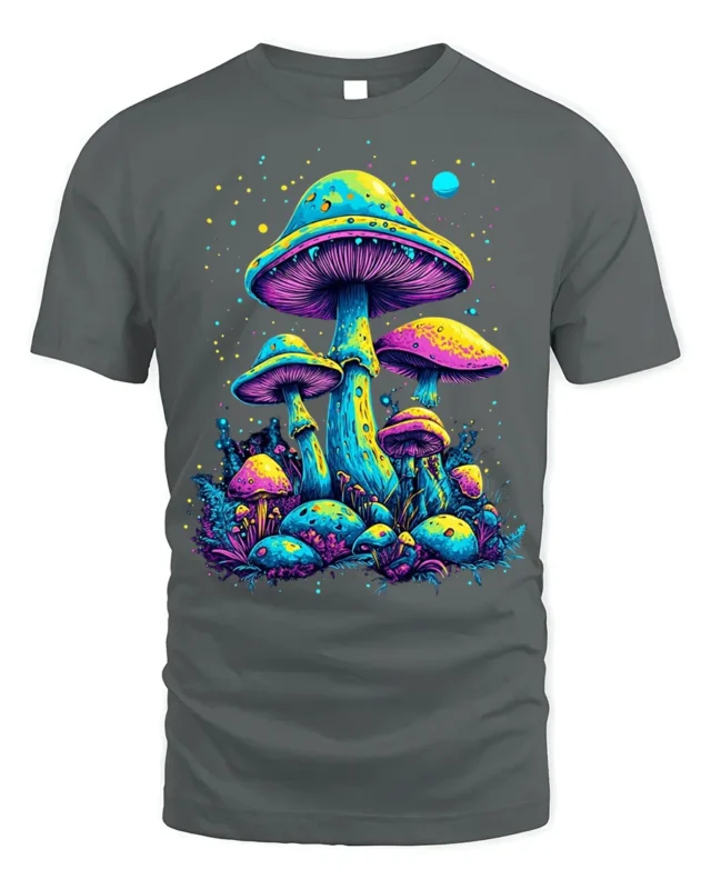 Psychedelic Neon Mushroom Forest Art T-Shirt - gray t-shirt on white background