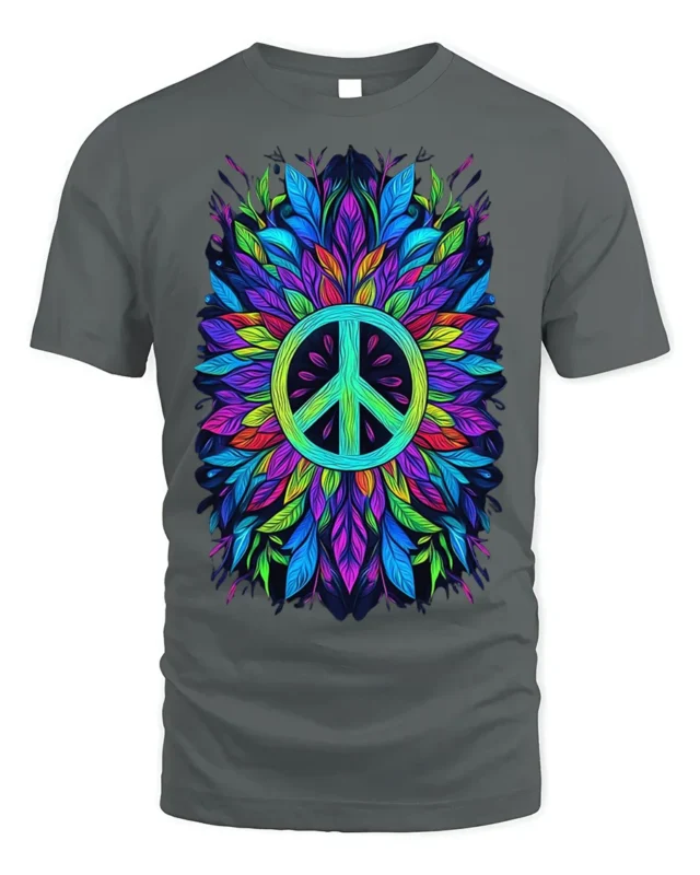 Colorful Feather Peace Sign Boho Art T-Shirt - gray t-shirt on white background