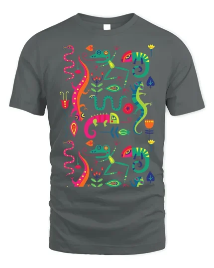 Colorful Gecko and Snake Tropical Art T-Shirt - gray t-shirt on white background
