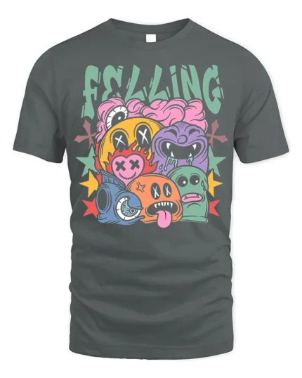 Colorful Cartoon Faces Street Art Graphic T-Shirt - gray t-shirt on white background