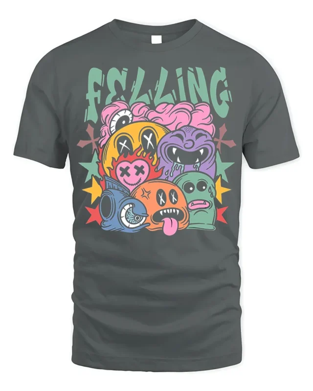 Colorful Cartoon Faces Street Art Graphic T-Shirt - gray t-shirt on white background