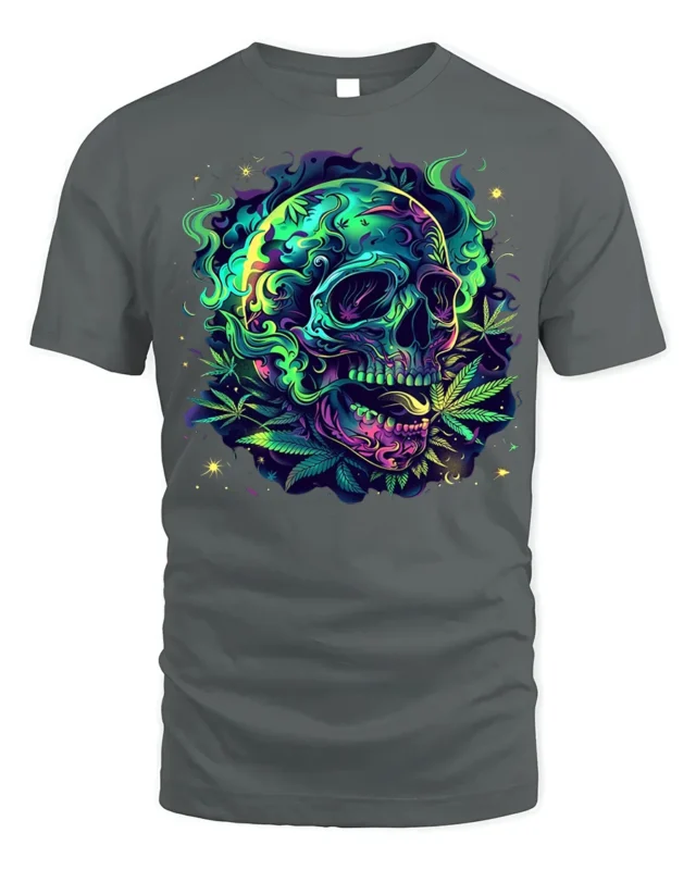 Neon Skull and Cannabis Leaves Art T-Shirt - gray t-shirt on white background