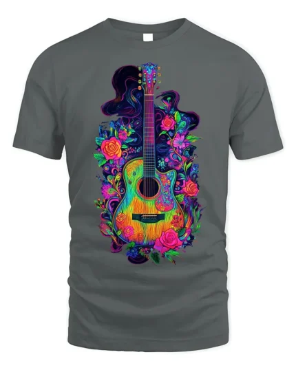 Neon Floral Acoustic Guitar Art Music T-Shirt - gray t-shirt on white background