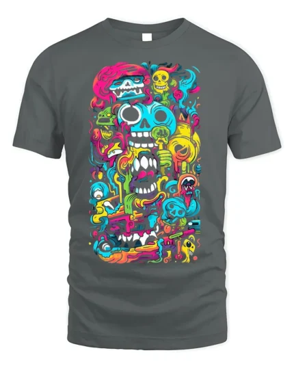 Psychedelic Skull Doodle Art Colorful T-Shirt - gray t-shirt on white background