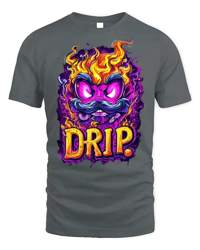 Flaming Mustache Drip Street Art Graphic T-Shirt - gray t-shirt on white background