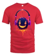 Neon Smile Headphones Music Art Black T-Shirt - red t-shirt on white background