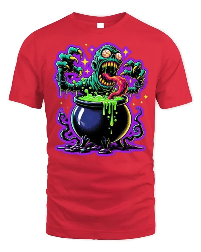 Zombie Cauldron Monster Horror Art T-Shirt - red t-shirt on white background