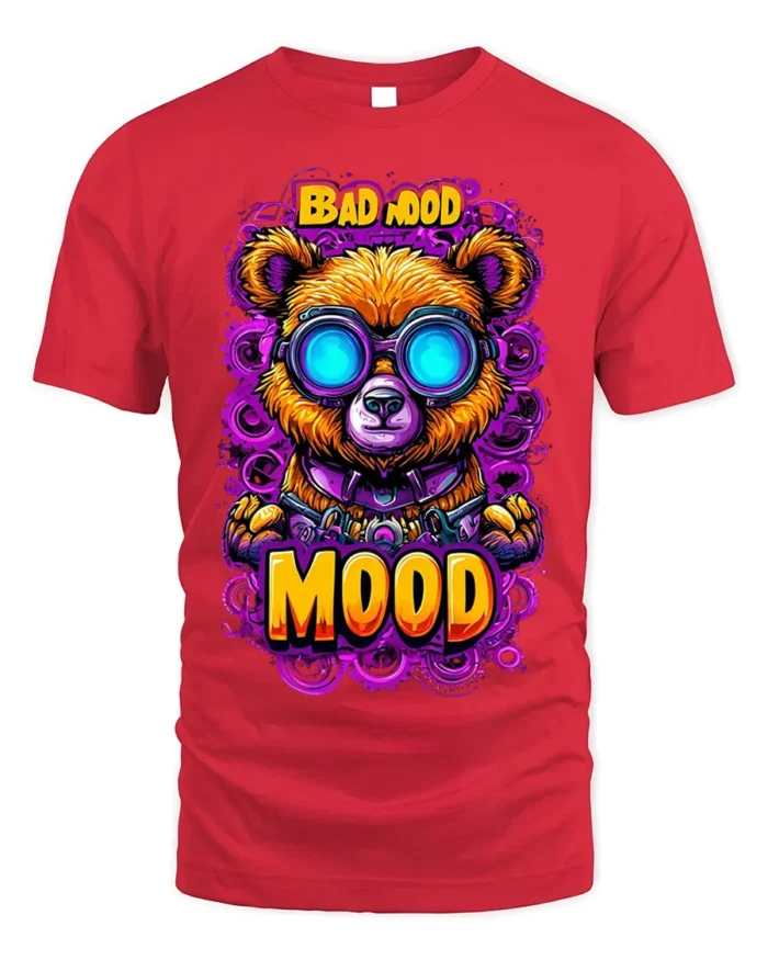 Bad Mood Bear Neon Goggles Street Art T-Shirt - red t-shirt on white background