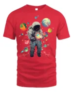 Cosmic Astronaut Holding Planets Space T-Shirt - red t-shirt on white background