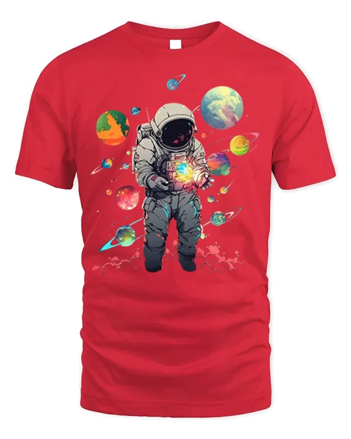 Cosmic Astronaut Holding Planets Space T-Shirt - red t-shirt on white background