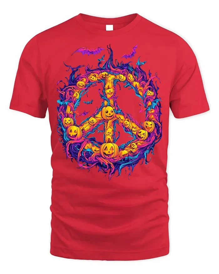 Halloween Pumpkin Peace Sign Spooky T-Shirt - red t-shirt on white background