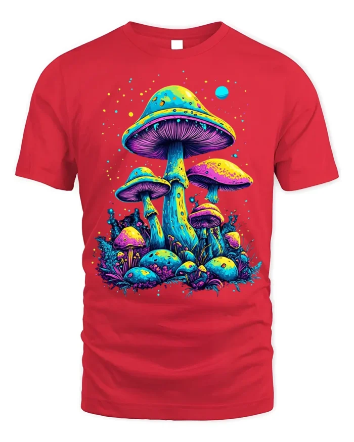 Psychedelic Neon Mushroom Forest Art T-Shirt - red t-shirt on white background