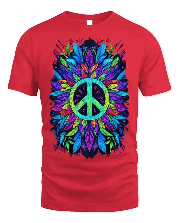 Colorful Feather Peace Sign Boho Art T-Shirt - red t-shirt on white background