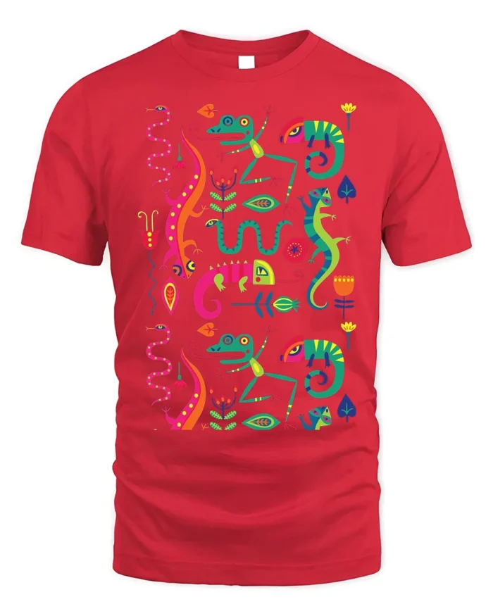 Colorful Gecko and Snake Tropical Art T-Shirt - red t-shirt on white background