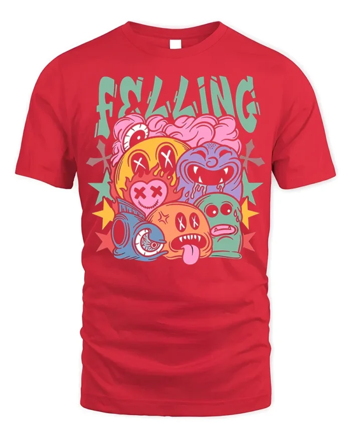 Colorful Cartoon Faces Street Art Graphic T-Shirt - red t-shirt on white background