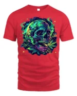 Neon Skull and Cannabis Leaves Art T-Shirt - red t-shirt on white background