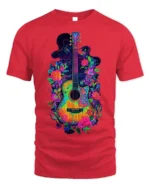 Neon Floral Acoustic Guitar Art Music T-Shirt - red t-shirt on white background