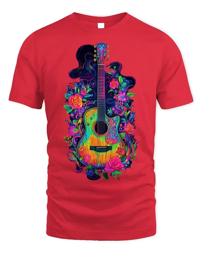 Neon Floral Acoustic Guitar Art Music T-Shirt - red t-shirt on white background
