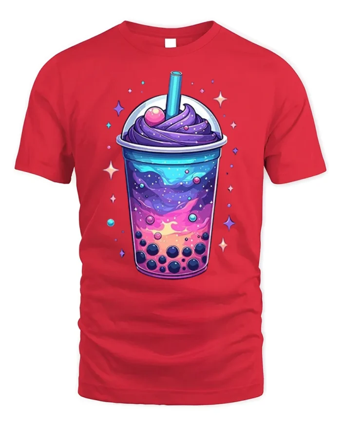 Galaxy Boba Bubble Tea Cosmic Drink T-Shirt - red t-shirt on white background