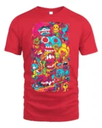 Psychedelic Skull Doodle Art Colorful T-Shirt - red t-shirt on white background