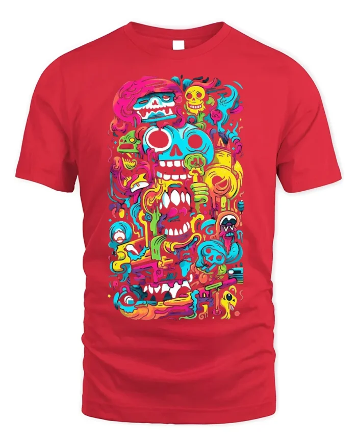 Psychedelic Skull Doodle Art Colorful T-Shirt - red t-shirt on white background
