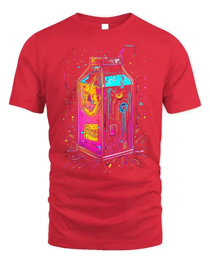 Neon Cyberpunk Milk Carton Futuristic T-Shirt - red t-shirt on white background