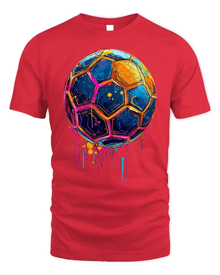 Neon Splash Soccer Ball Street Art Graphic T-Shirt - red t-shirt on white background