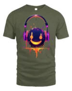 Neon Smile Headphones Music Art Black T-Shirt - military green t-shirt on white background
