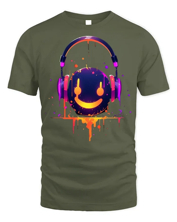 Neon Smile Headphones Music Art Black T-Shirt - military green t-shirt on white background