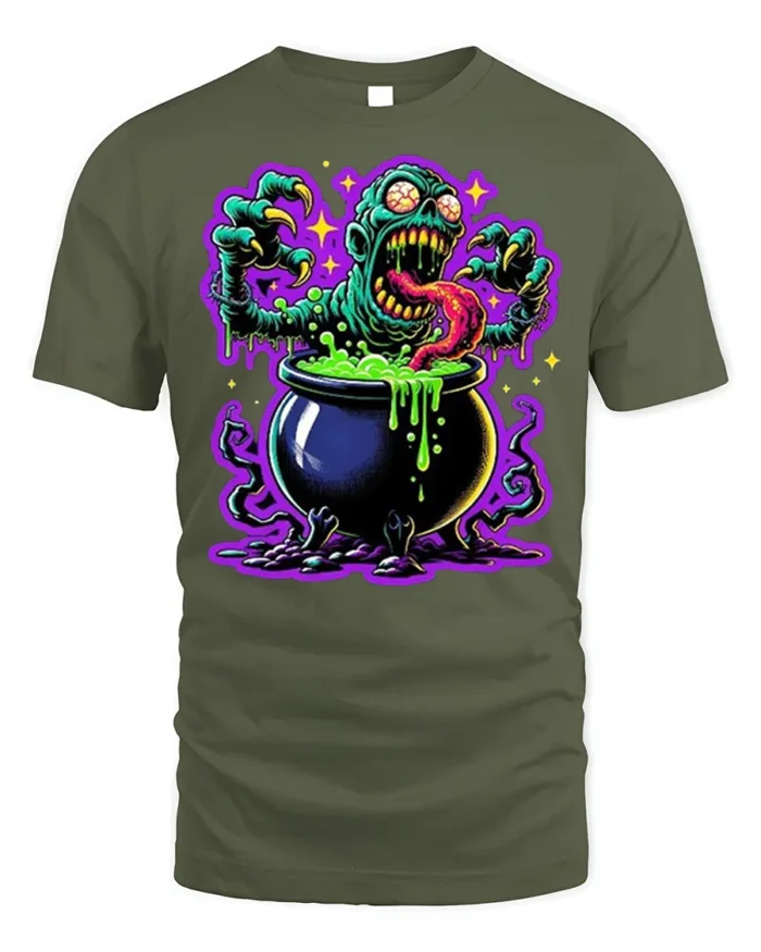 Zombie Cauldron Monster Horror Art T-Shirt - military green t-shirt on white background